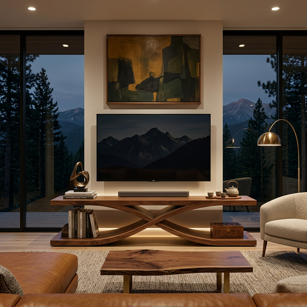 Modern Wooden TV Stand With Sculptural X-shaped For Living