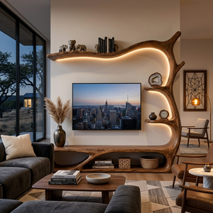 Rustic Wooden TV Stand Sculptural Flow Form For Living Furniture