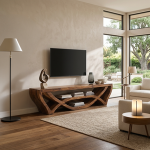Wooden TV Stand With Carved Open Structure For Living Storage