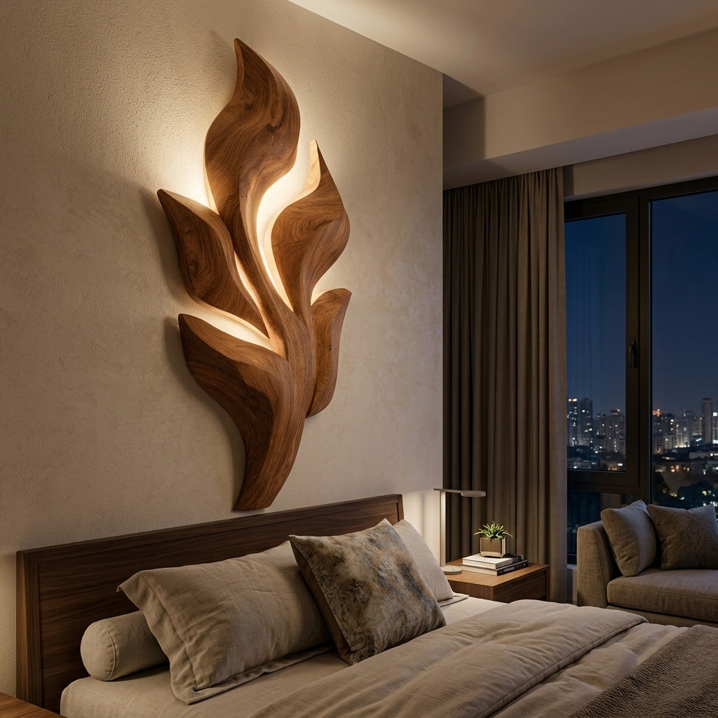 Sculptural Wooden Leaf Wall Art With Warm Light For Home