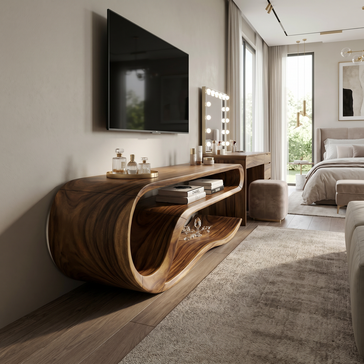 Organic Curved Media Console For Lake House Living Room