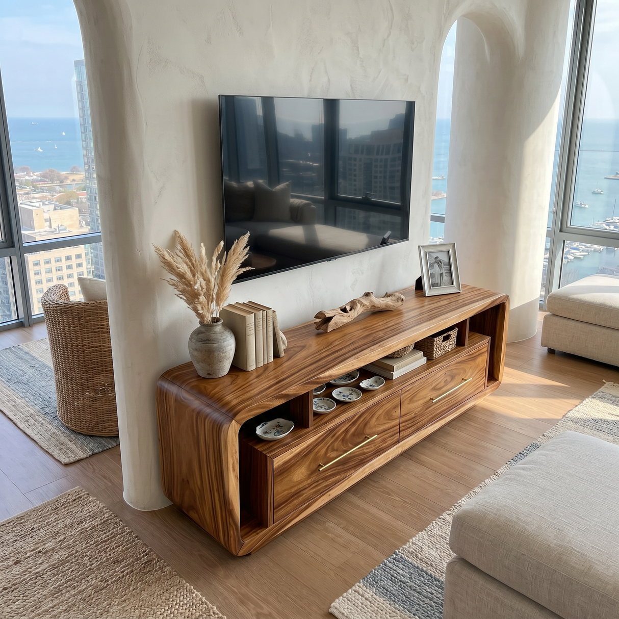 Luxury Walnut Media Console For Contemporary Master Suite Interior