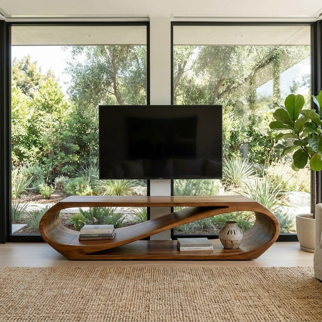 Sculptural Natural Wood TV Console For Modern Living Room