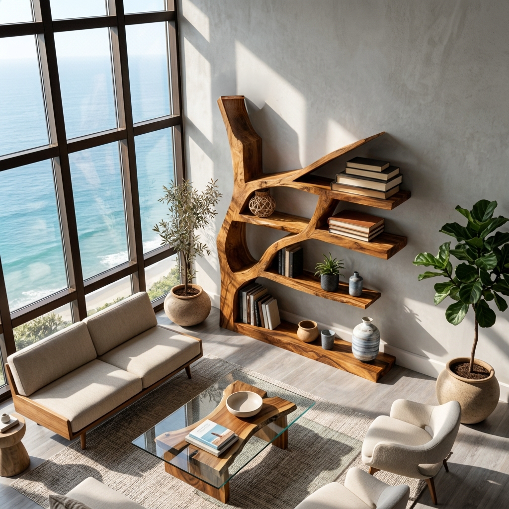 Contemporary Wooden Bookshelf Sculptural Shape For Living Room