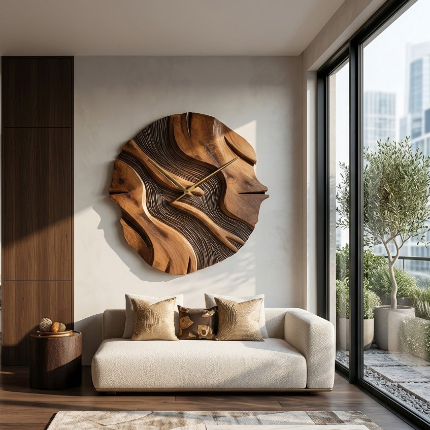 Organic Sculptural Wooden Wall Clock For Living Room
