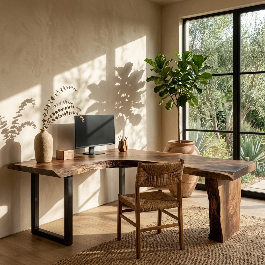 Organic Wooden L Desk With Live Edges For Minimalist Workspace