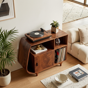 Modern Sculptural Wooden Stand Record Cabinet For Living Room