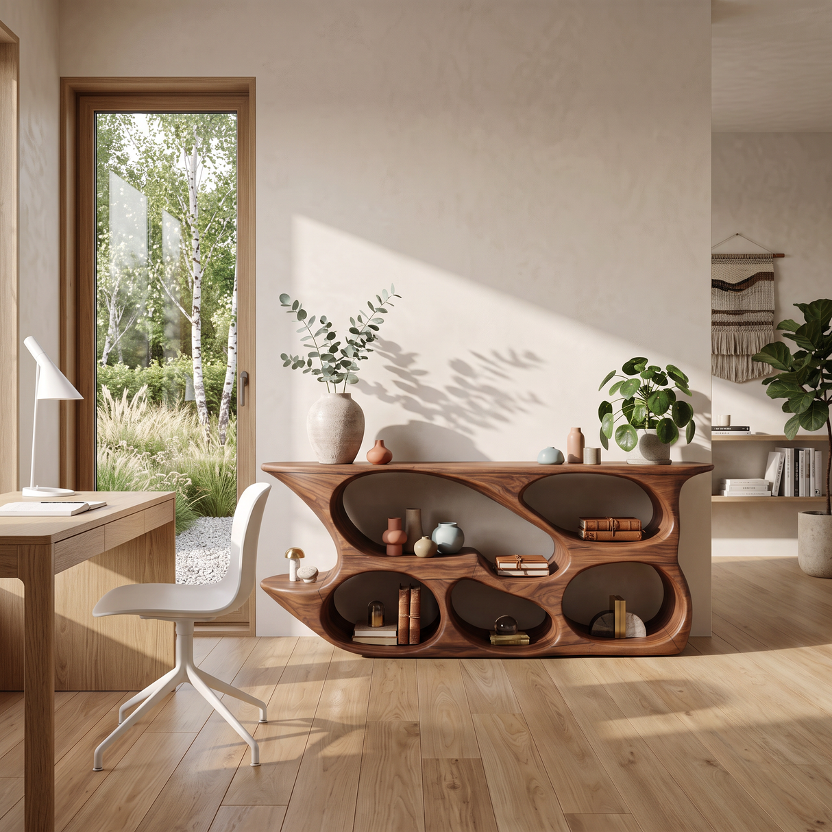 Sculptural Wood Bookshelf Curved Design For Living Room