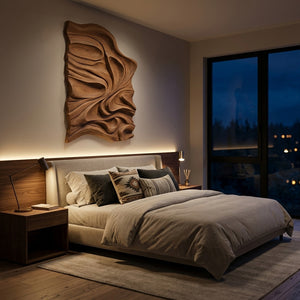 Organic Flowing Carved Wood Art Panel For Living Room