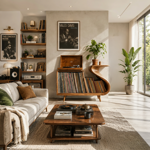 Elegant Record Player Stand With Sculptural Flowing Form For Living