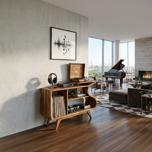 Wooden Record Player Cabinet With Integrated Shelving For Living Room