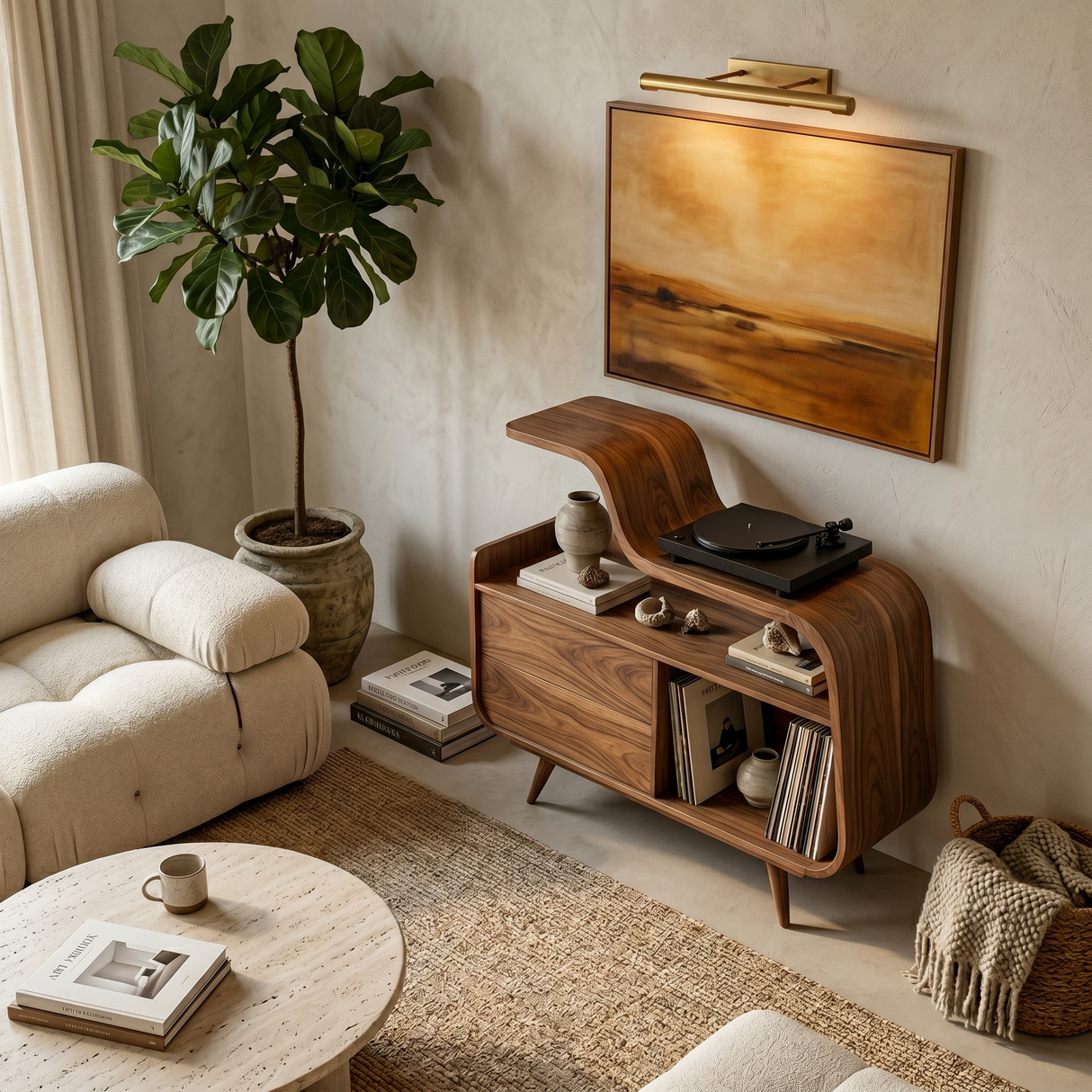 Organic Record Player Cabinet With Unique Curved Shelf For Home