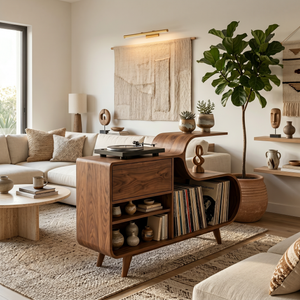 Wooden Vinyl Record Cabinet With Integrated S-Shaped Shelf For Living