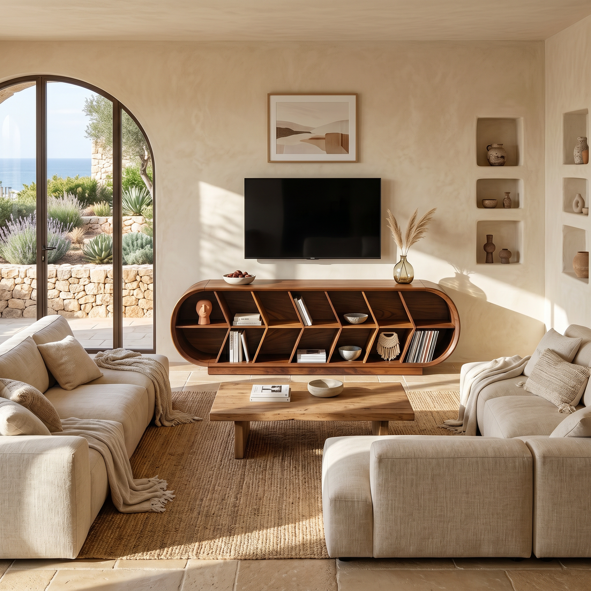 Mid Century Curved TV Stand For Luxury Suite Interior