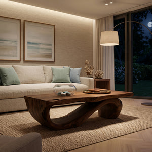 Organic Coffee Table With Carved Wood Base For Living Room