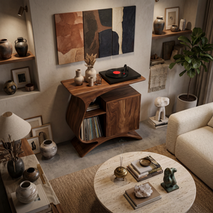 Wooden Record Player Stand With Sculptural Form For Entertainment Room