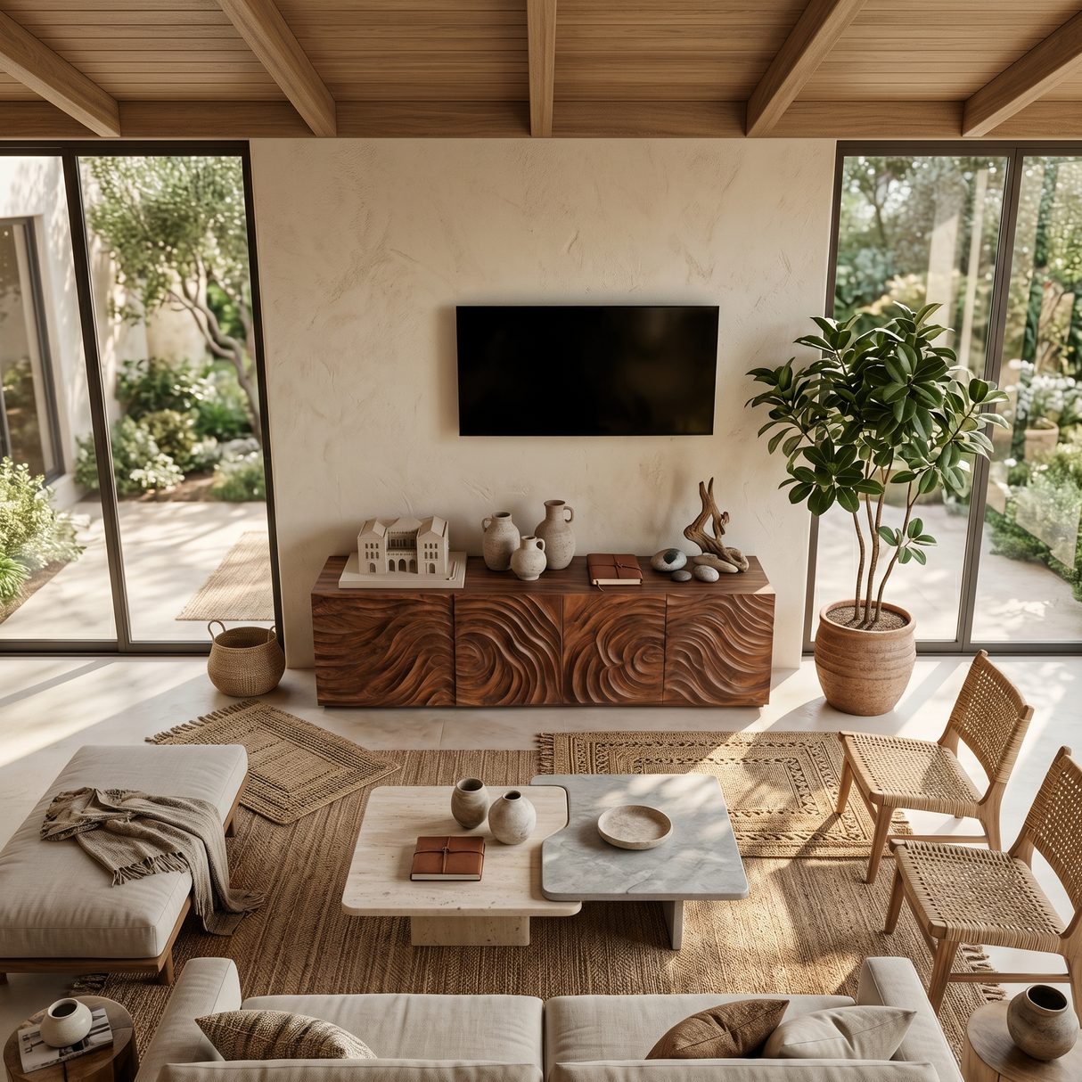 Modern TV Stand With Wave Carved Doors For Living Room