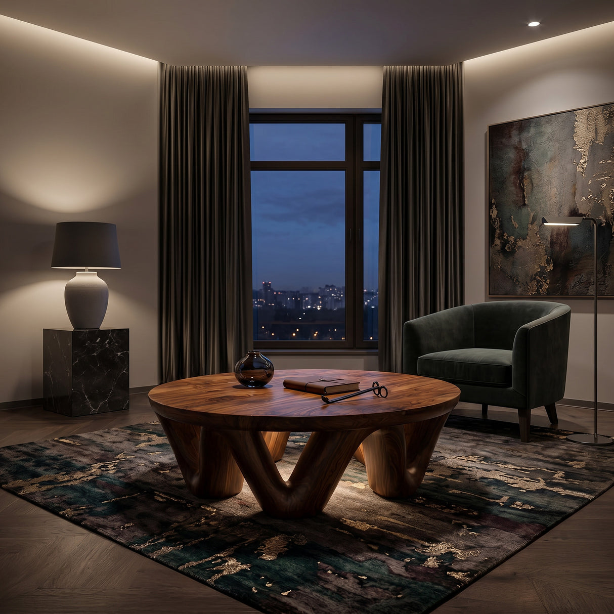 Modern Round Coffee Table With Flowing Sculptural Base For Home