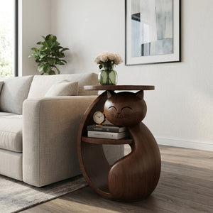 Whimsical Cat Shaped Wooden Side Table For Bedroom