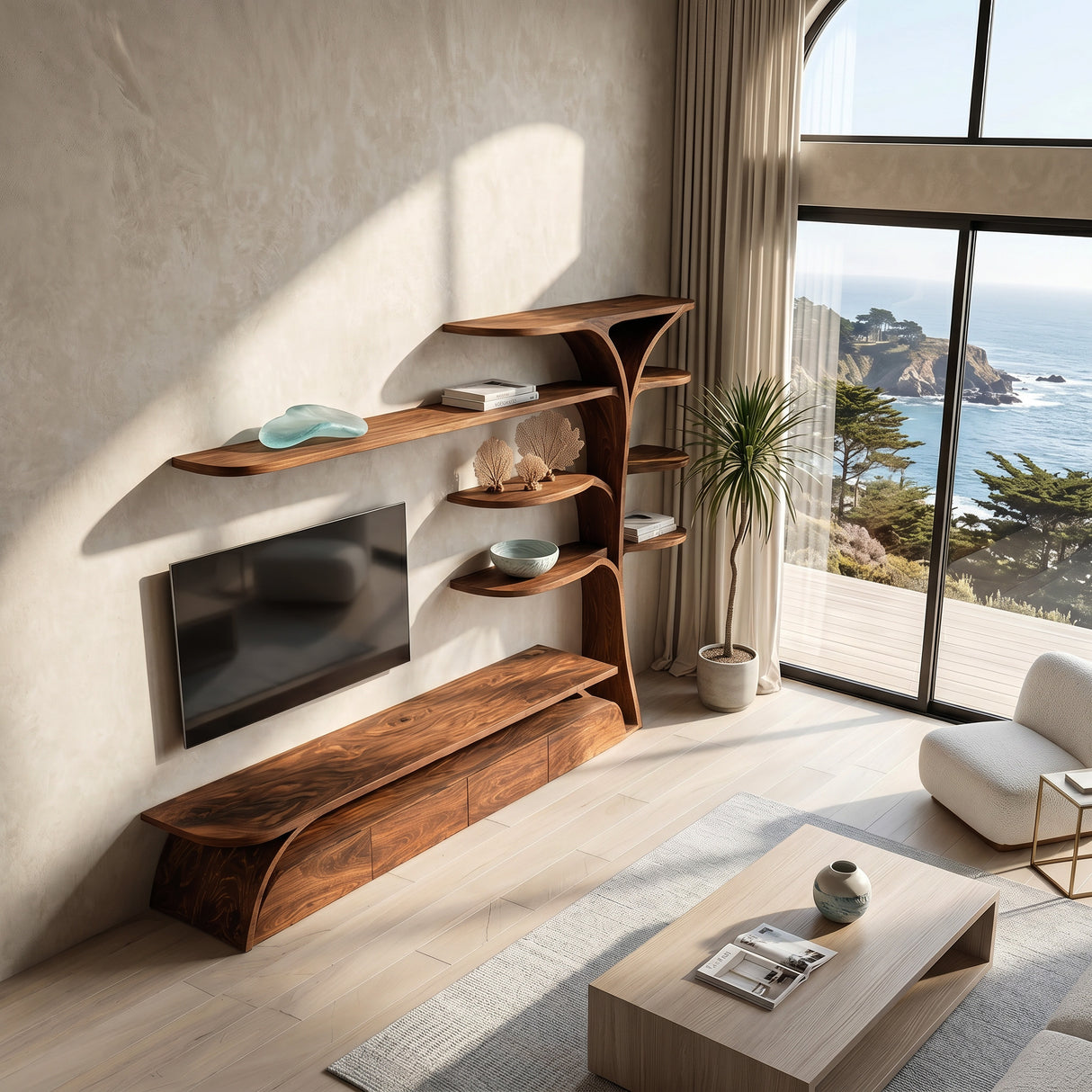 Organic Wooden TV Stand With Display Shelves For Living Room