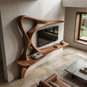 Rustic TV Console With Carved Frame For Living Room