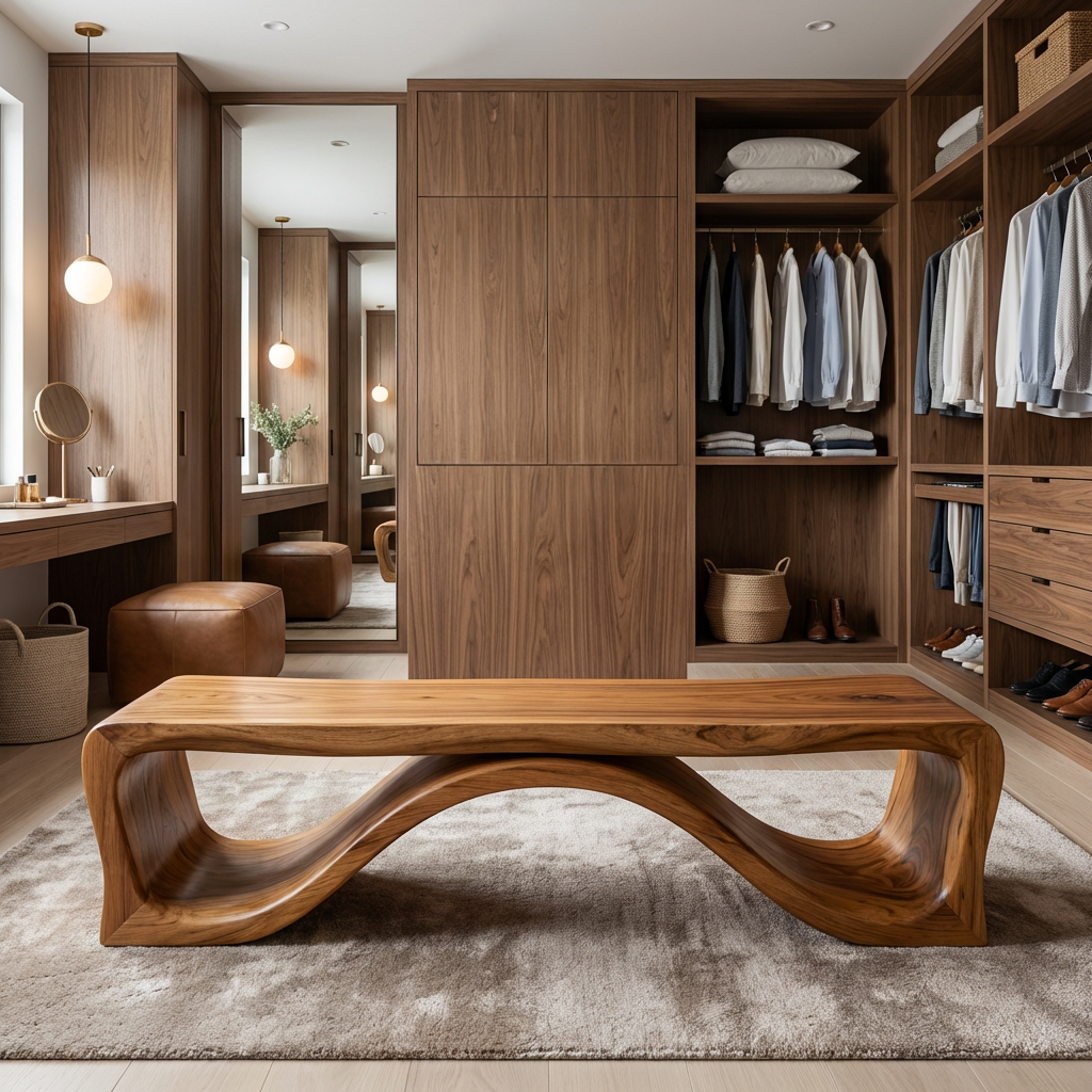 Luxury Wood Bench With Flowing Leg For Entryway