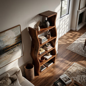 Contemporary Wooden Wavy Bookshelf With Multi Display Tiers For Living