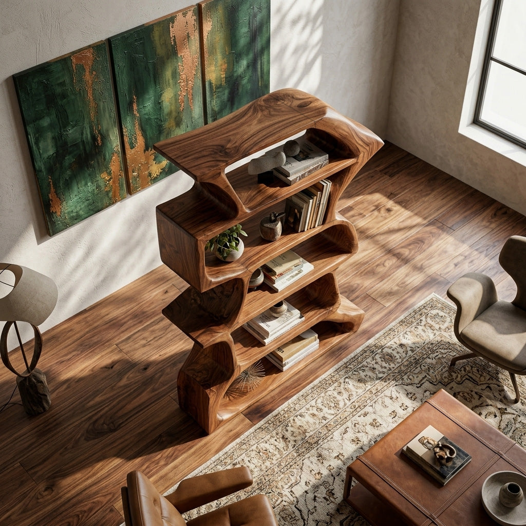 Organic Farmhouse Wooden Curved Bookshelf For Living Room