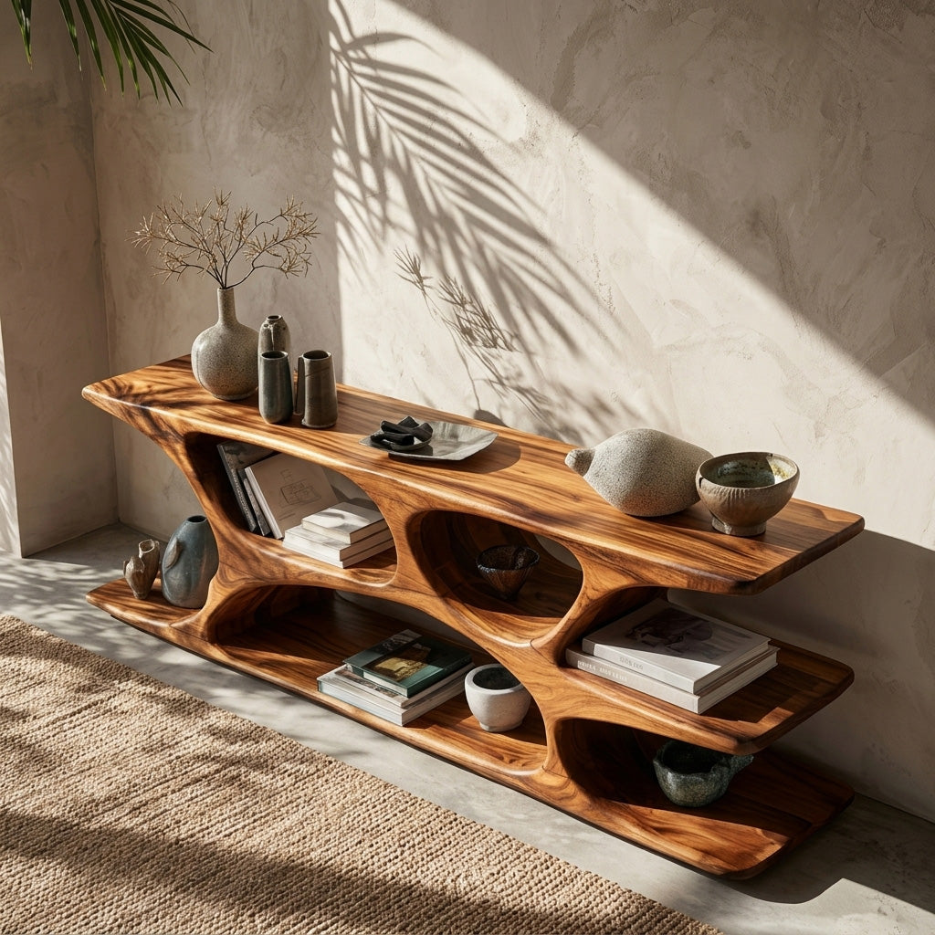 Sculptural Low Bookshelf With Multi Display Compartment For Living Room