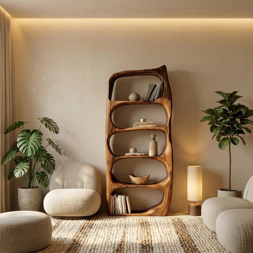 Handcrafted Sculptural Wooden Standing Shelf For Home Decor