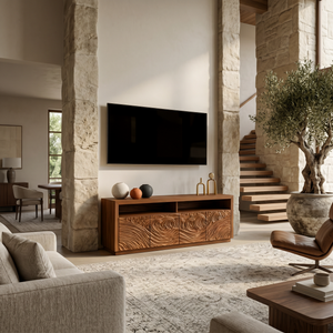 Modern Carved Wave TV Console With Open Shelf For Living
