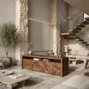 Organic TV Stand With Mountain Relief Doors For Contemporary Living
