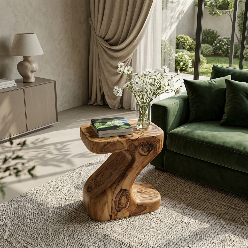 Organic Wooden Z-Shaped Side Table For Home Living