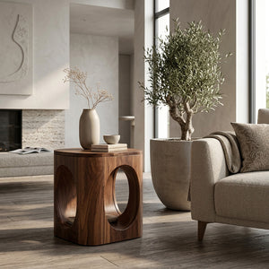 Geometric Carved Natural Wood Side Table For Living Room