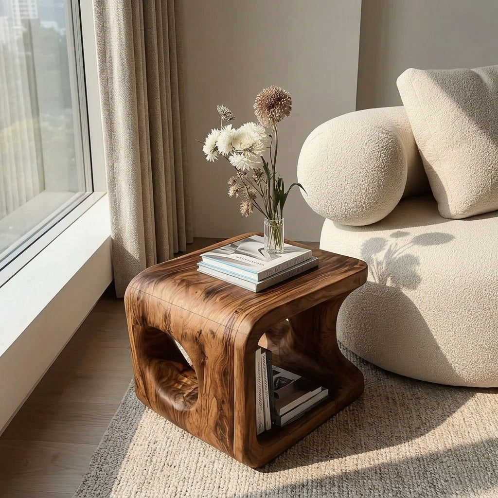 Organic Natural Wood Open Cube Side Table For Living Room