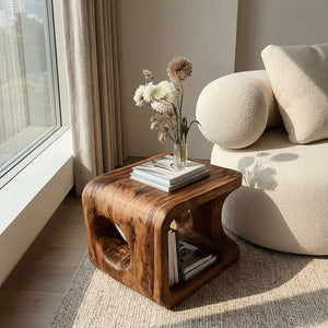 Organic Natural Wood Open Cube Side Table For Living Room