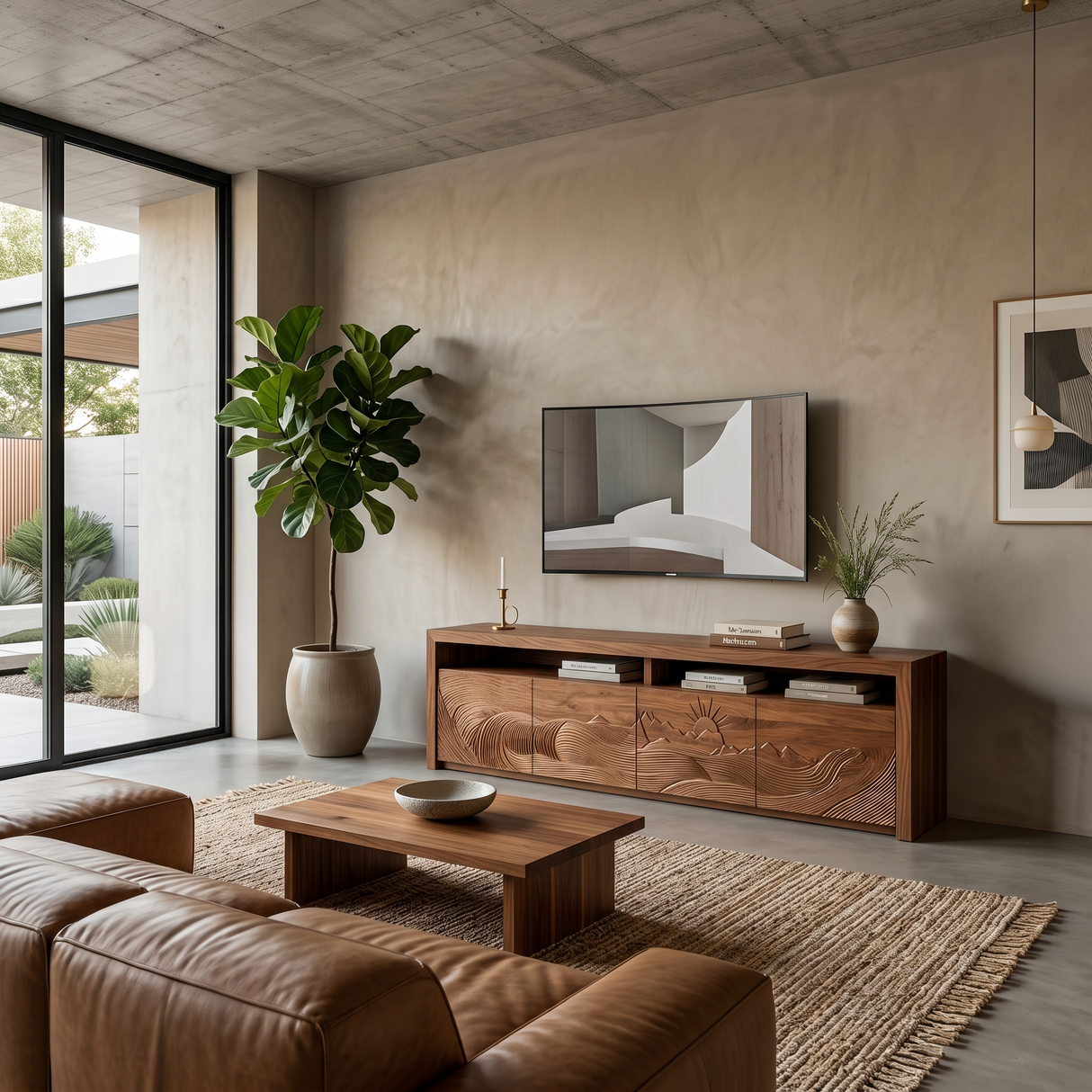 Organic TV Stand With Wave Carved Doors And Open Shelf For Home