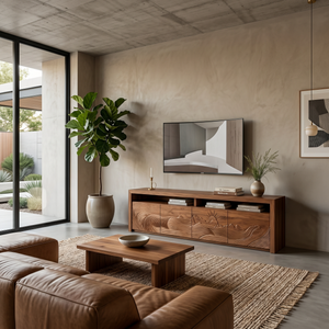 Organic TV Stand With Wave Carved Doors And Open Shelf For Home