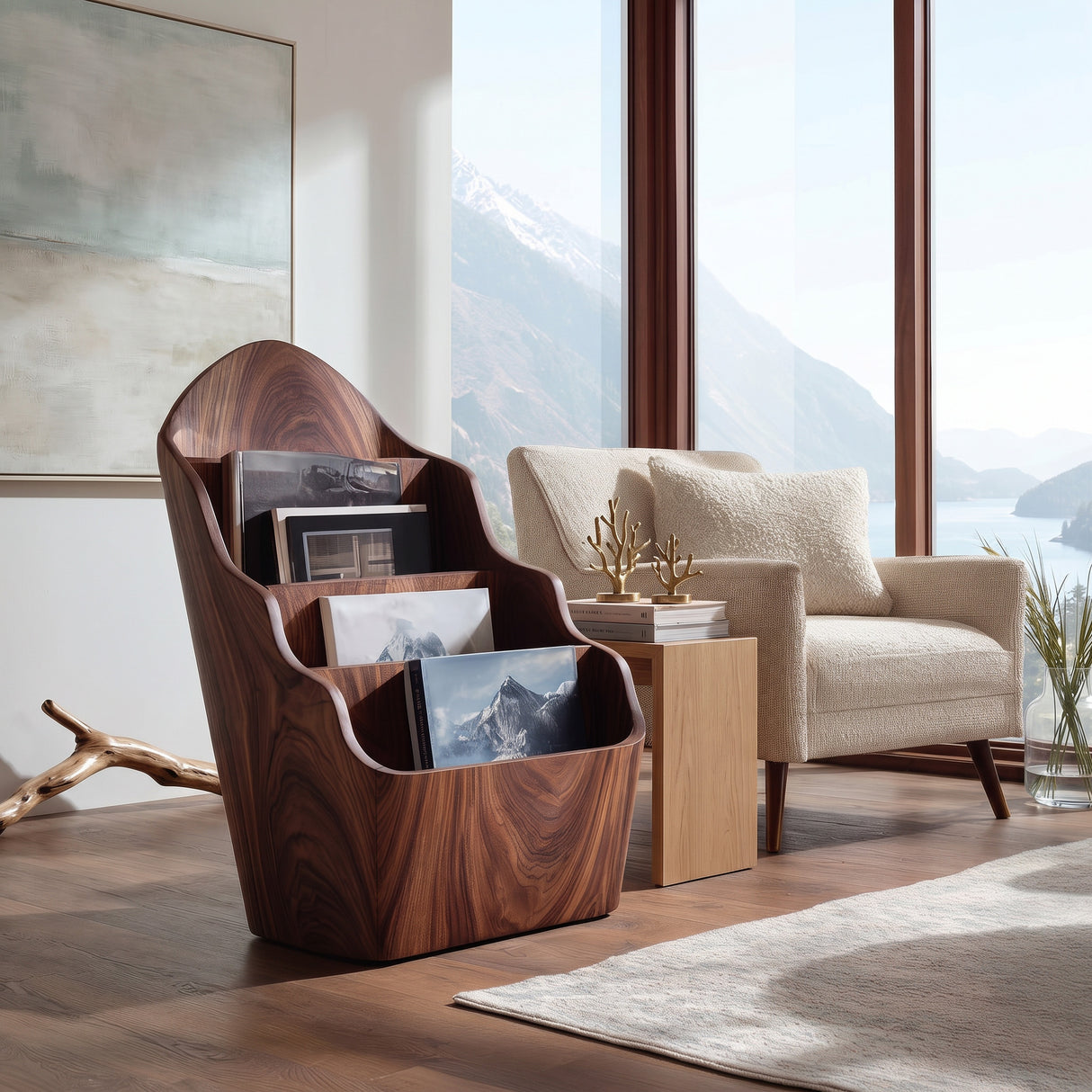 Organic Wooden Curved Tiered Magazine Rack For Living Room