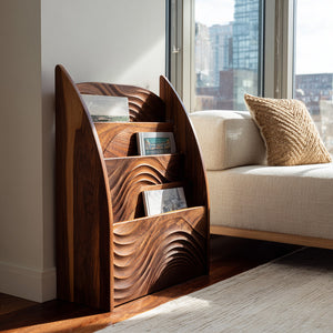 Contemporary Wooden Wave Carved Magazine Rack For Living Room