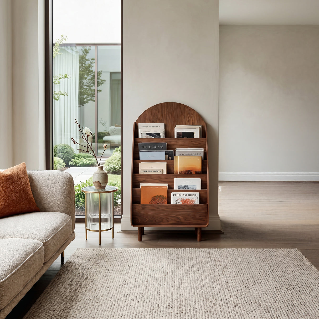 Contemporary Wooden Arched Magazine Rack With Tiers For Living Room
