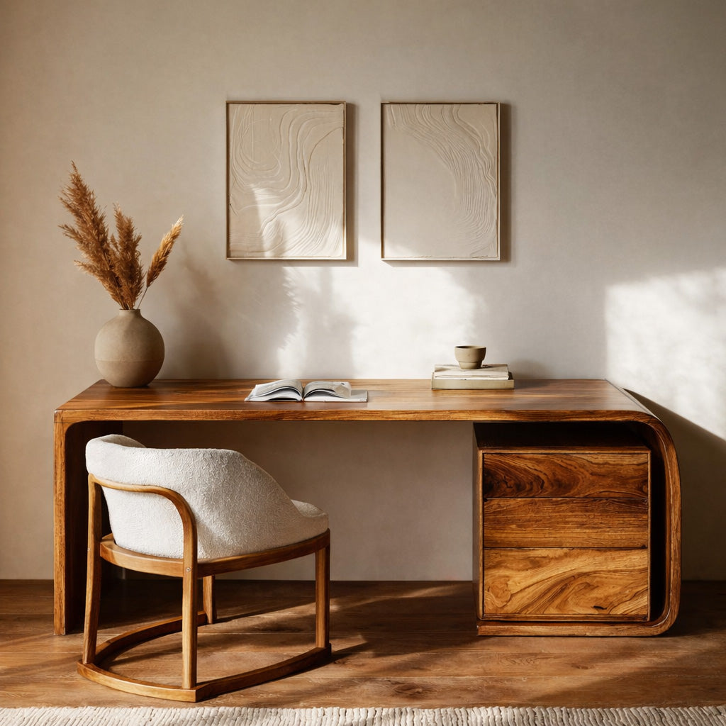 Mid Century Wooden Desk With Integrated Drawer For Home Study