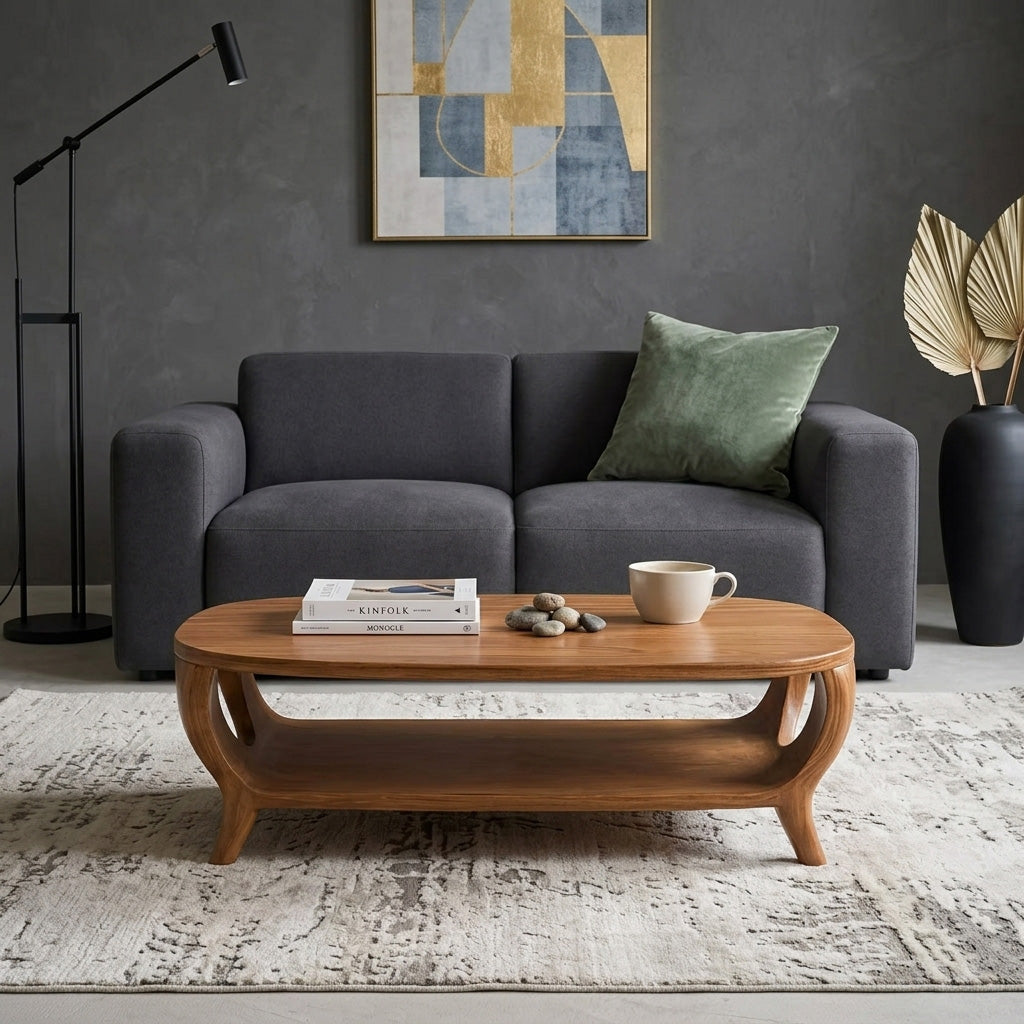 Organic Curved Coffee Table With Shelf For Living Room Decor