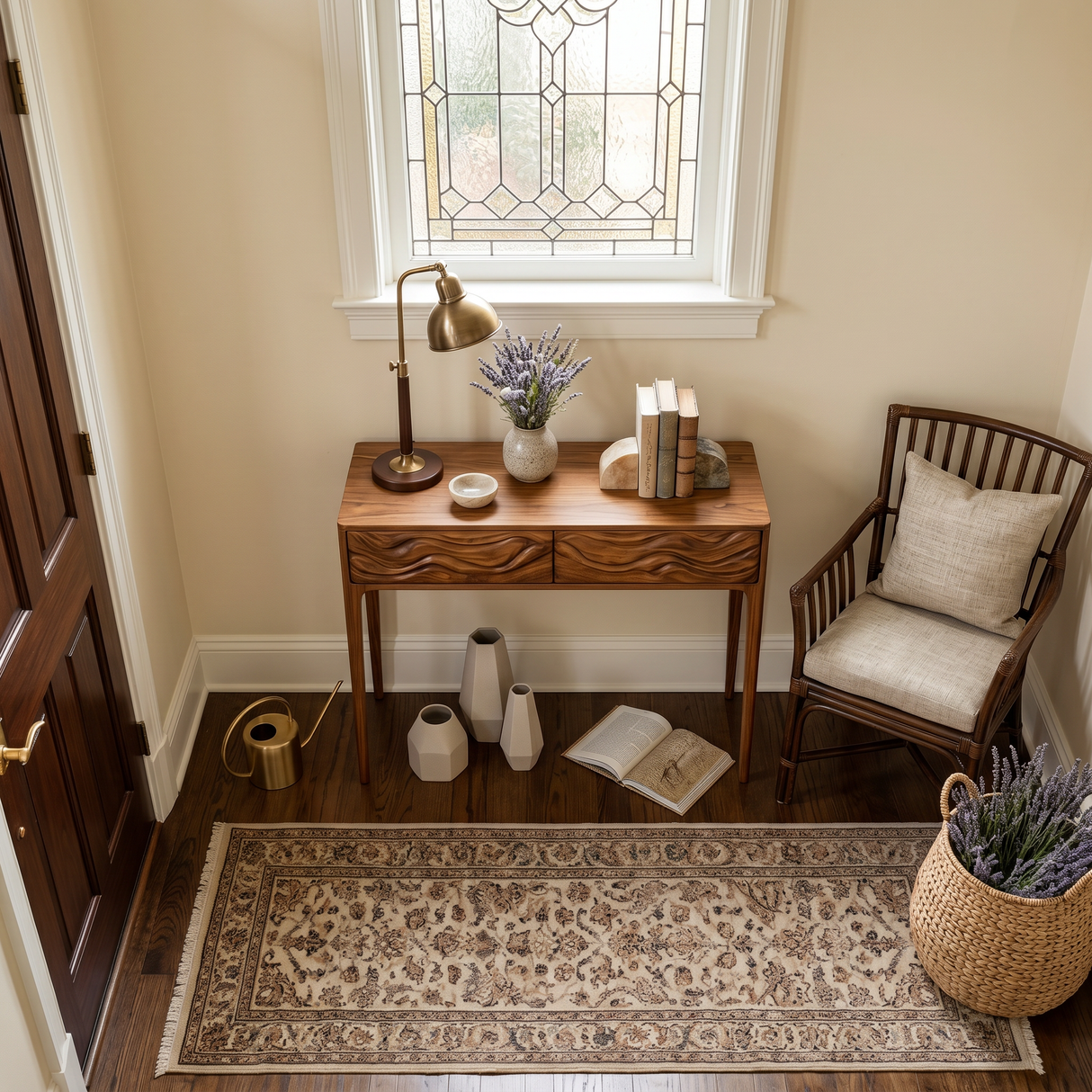 Wooden Console Table With Exquisitely Carved Front For Living Room