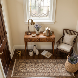 Wooden Console Table With Exquisitely Carved Front For Living Room