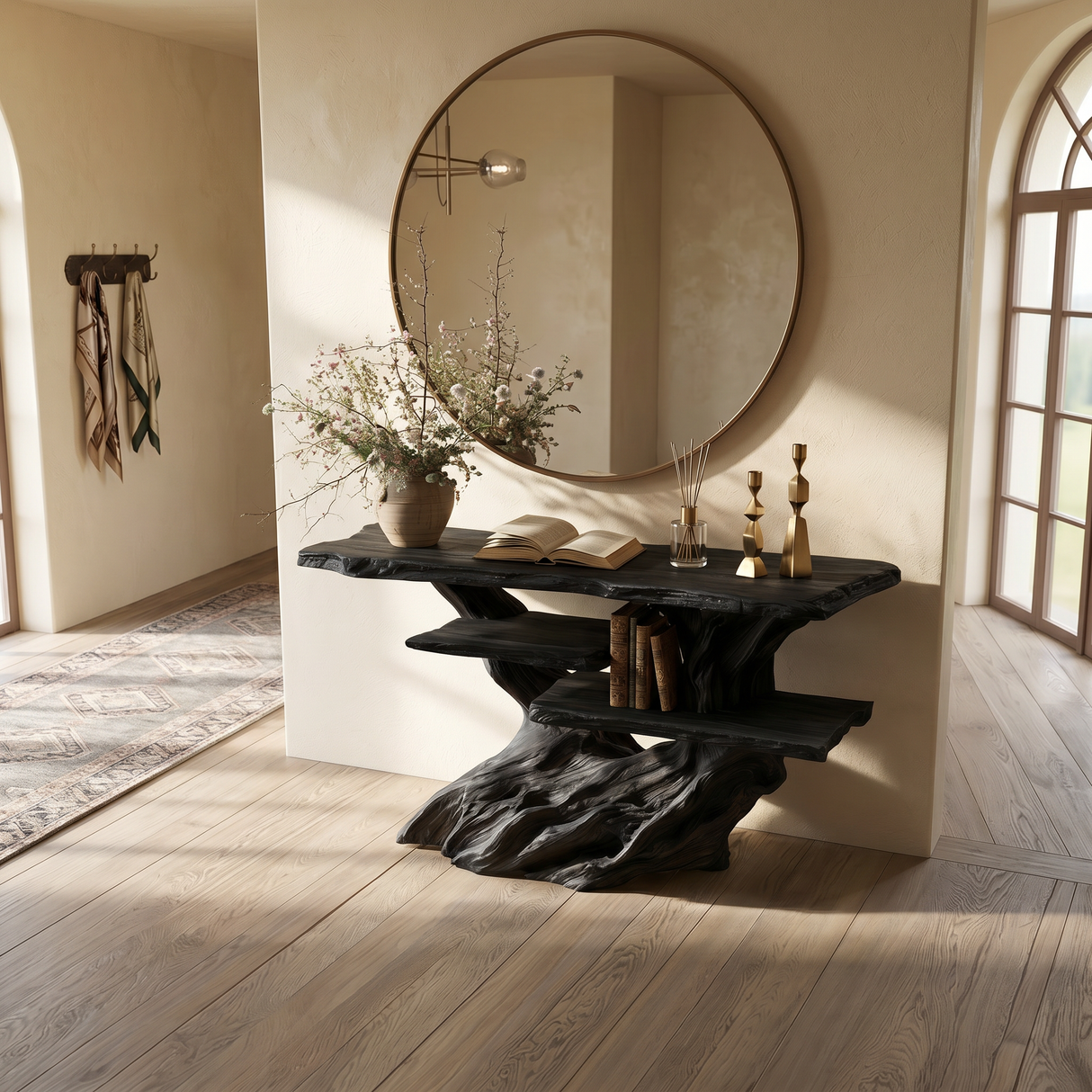 Modern Charred Wood Display Shelf For Hallway Furniture