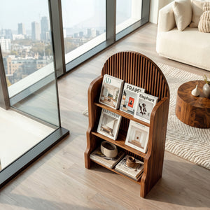 Organic Wooden Slatted Arch Magazine Rack For Living Room