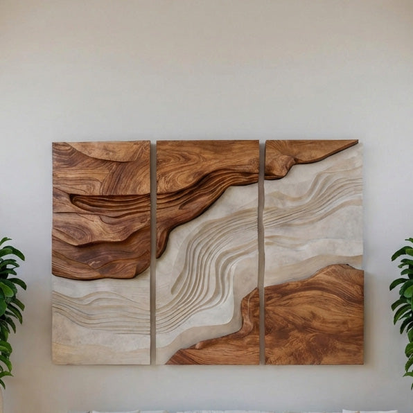 Large Triptych Wooden Wave Wall Art For Living Room