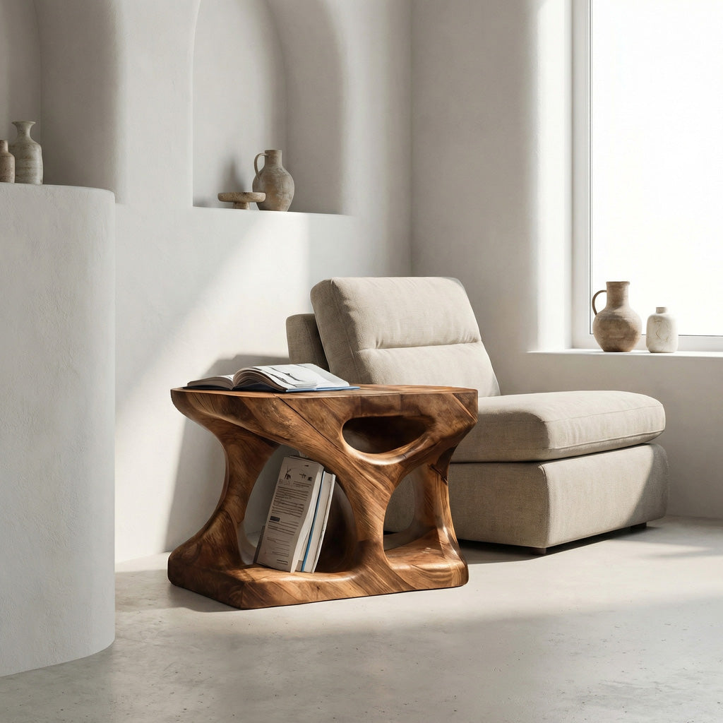 Scandinavian Solid Wood End Table With Minimal Curves And Open Shelf For Living Room