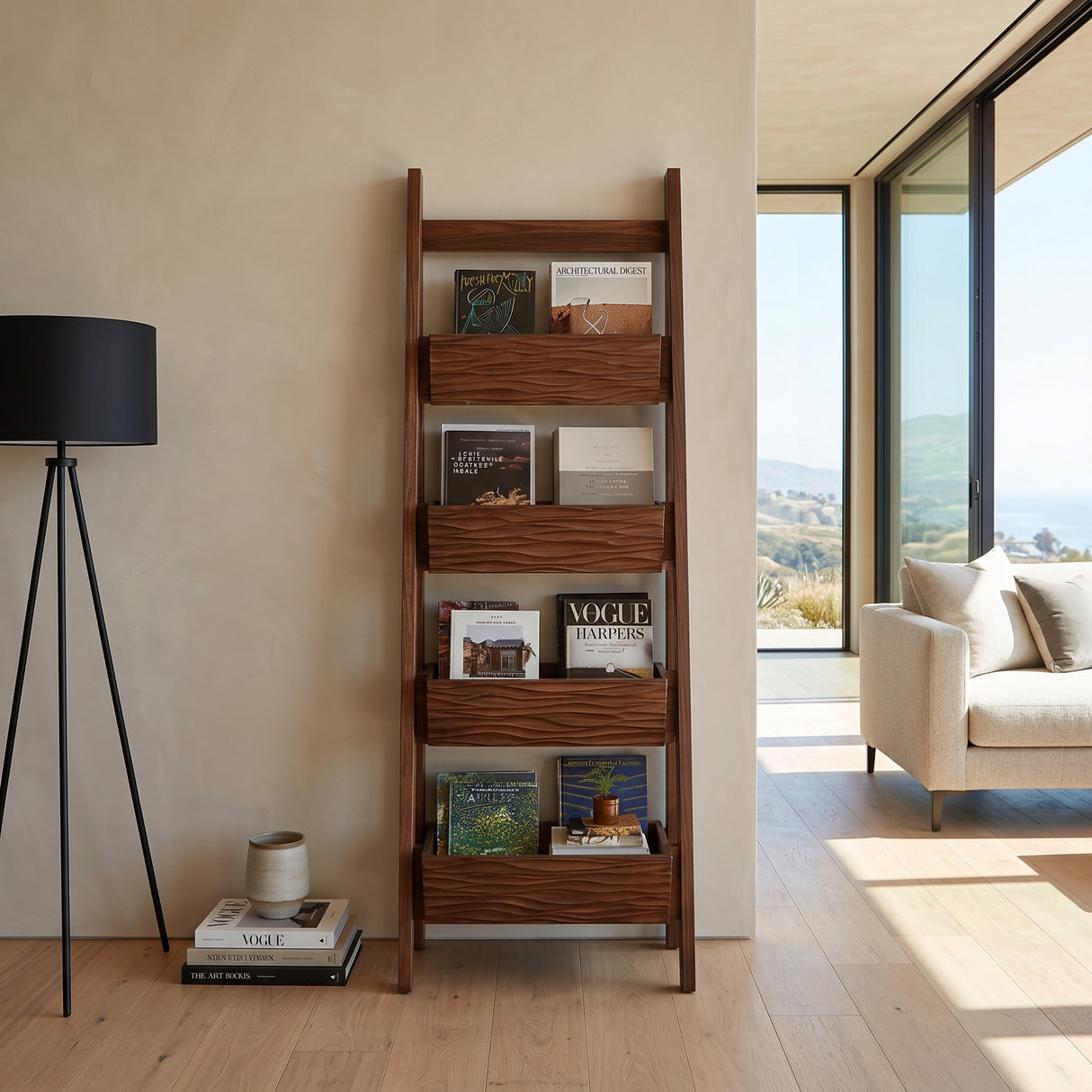 Contemporary Wooden Ladder Magazine Rack For Living Room
